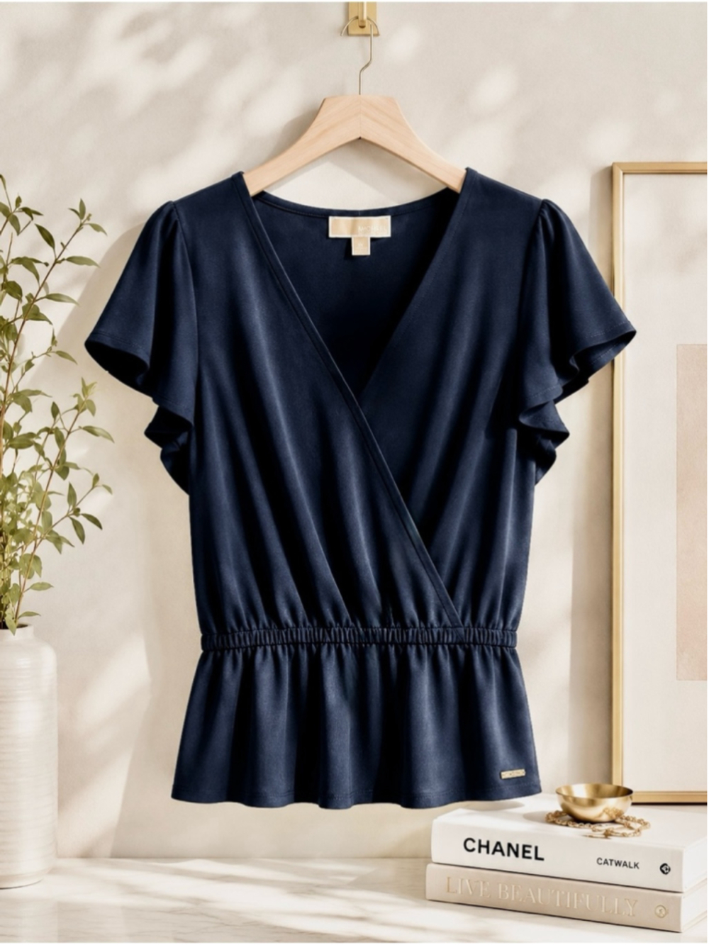 MICHAEL Michael Kors Navy Blue Size Medium Wrap Peplum Top